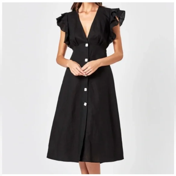 Linen cocktail Black Dress with Ruffle Sleeves - Picture 3 of 17